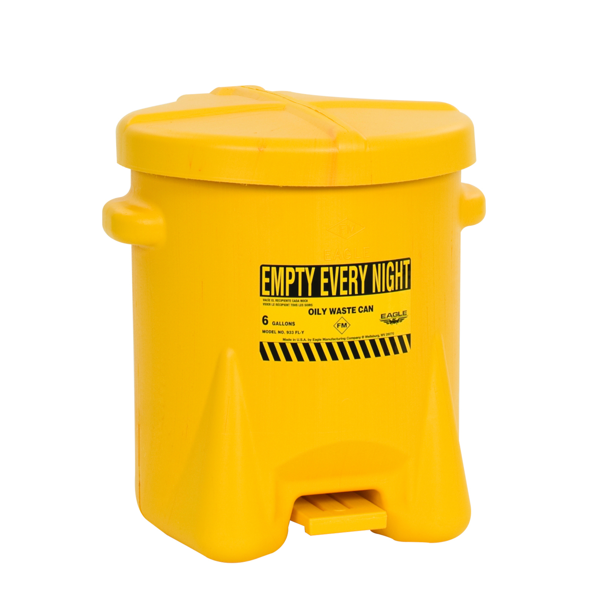 Eagle Plastic Oily Waste Can — 6 Gallon, Self-Closing, Hands-Free, Yellow, Model# 933FLY